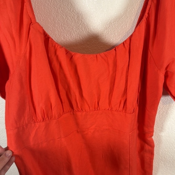Loft Orange Puff Sleeve Linen Blend Maxi Dress Smocked Back Leg Slit Size 14 - Picture 2 of 11